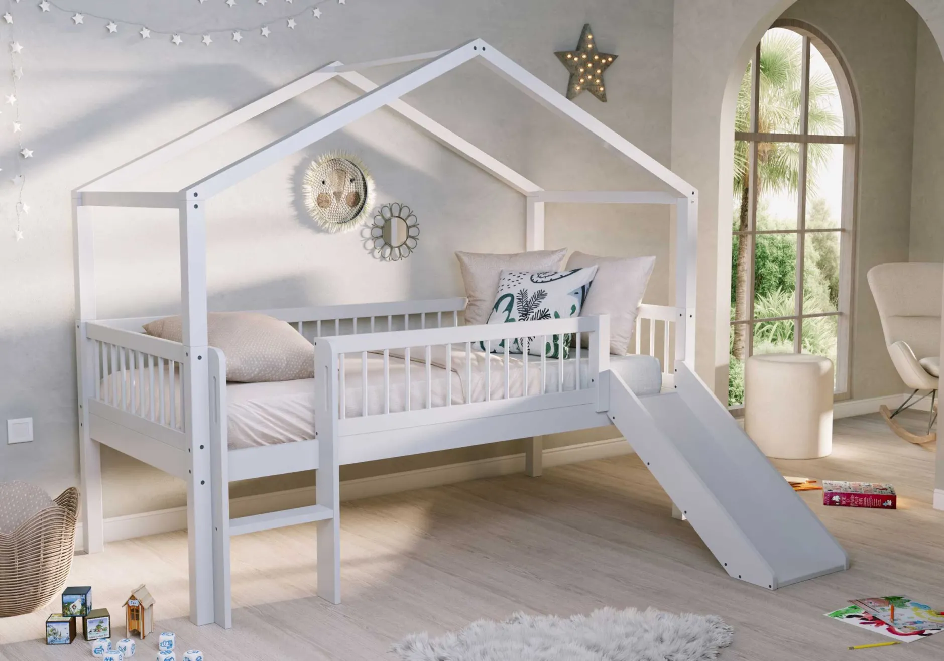 Hausbett Forrest - 90 x 200cm - mit Schieber - Buche massiv - weiß