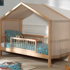 Hausbett Forrest 90x200 mit herunterklappbarem Schutzgitter und Bettzelt - Buche/Rosa