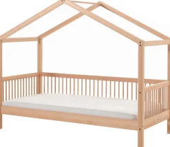 Hausbett Forrest 90x200 mit herunterklappbarem Schutzgitter und Bettzelt - Buche/Rosa