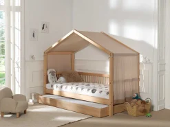 Hausbett Forrest 90x200 mit Rollbett und Schlafzelt - Buche/Rosa