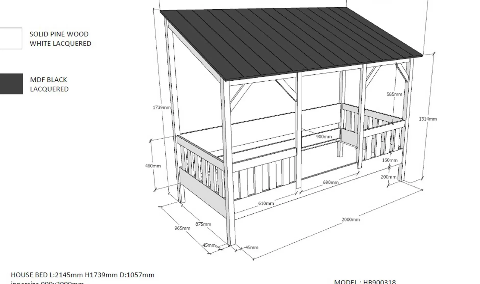 Hausbett Malia 90x200 mit Bettkasten - schwarzes Dach