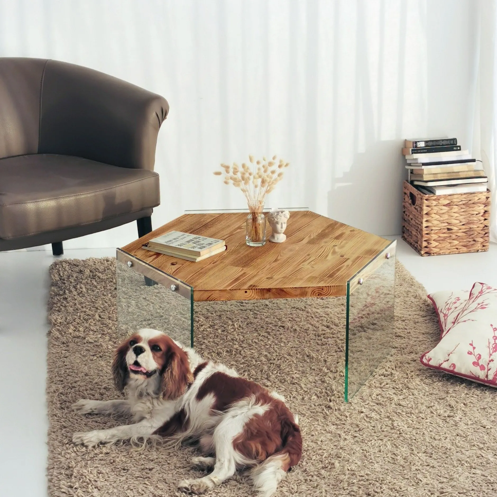 Hexagon Couchtisch | GEHÄRTETES GLAS | Eiche