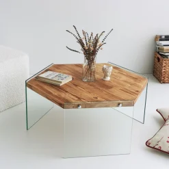 Hexagon Couchtisch | GEHÄRTETES GLAS | Eiche