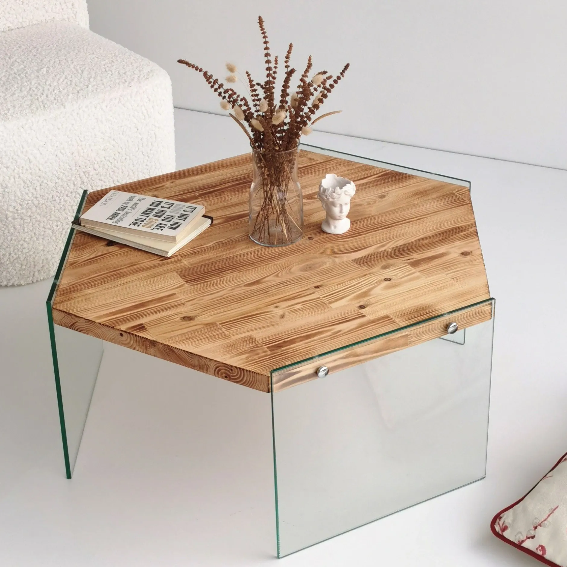 Hexagon Couchtisch | GEHÄRTETES GLAS | Eiche