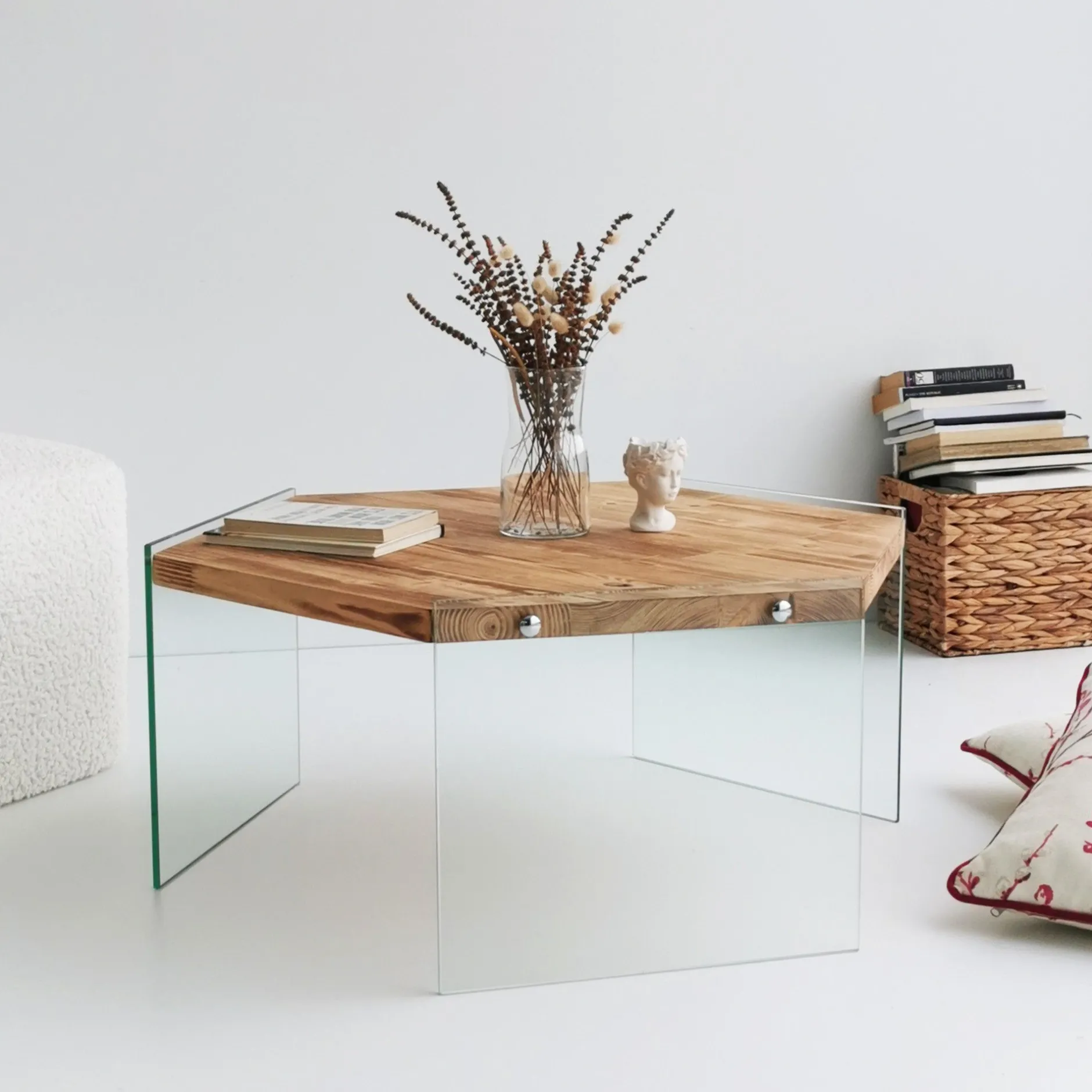 Hexagon Couchtisch | GEHÄRTETES GLAS | Eiche