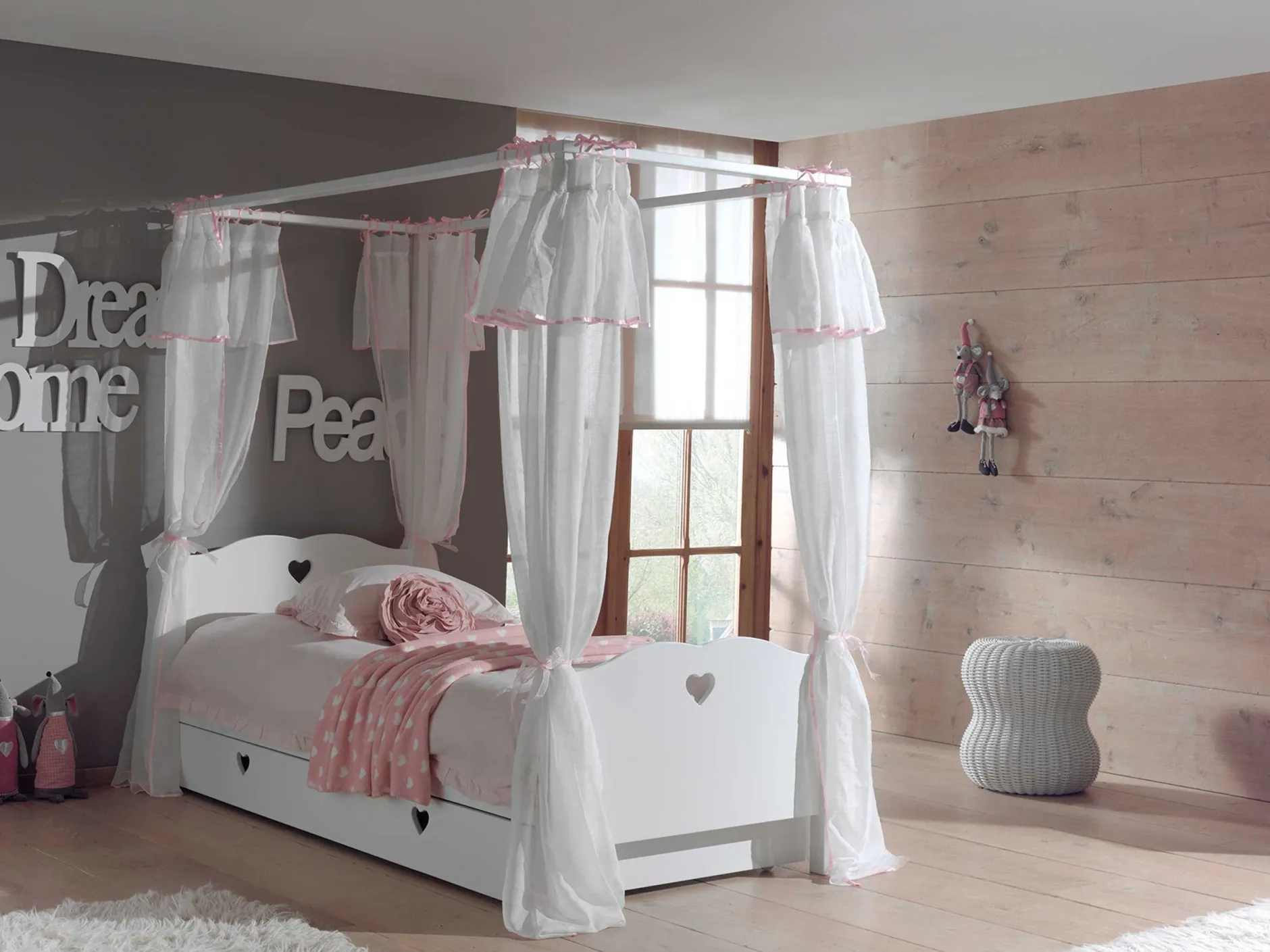 Himmelbett Amori 90x200cm mit Bettkasten und Voile - weiß