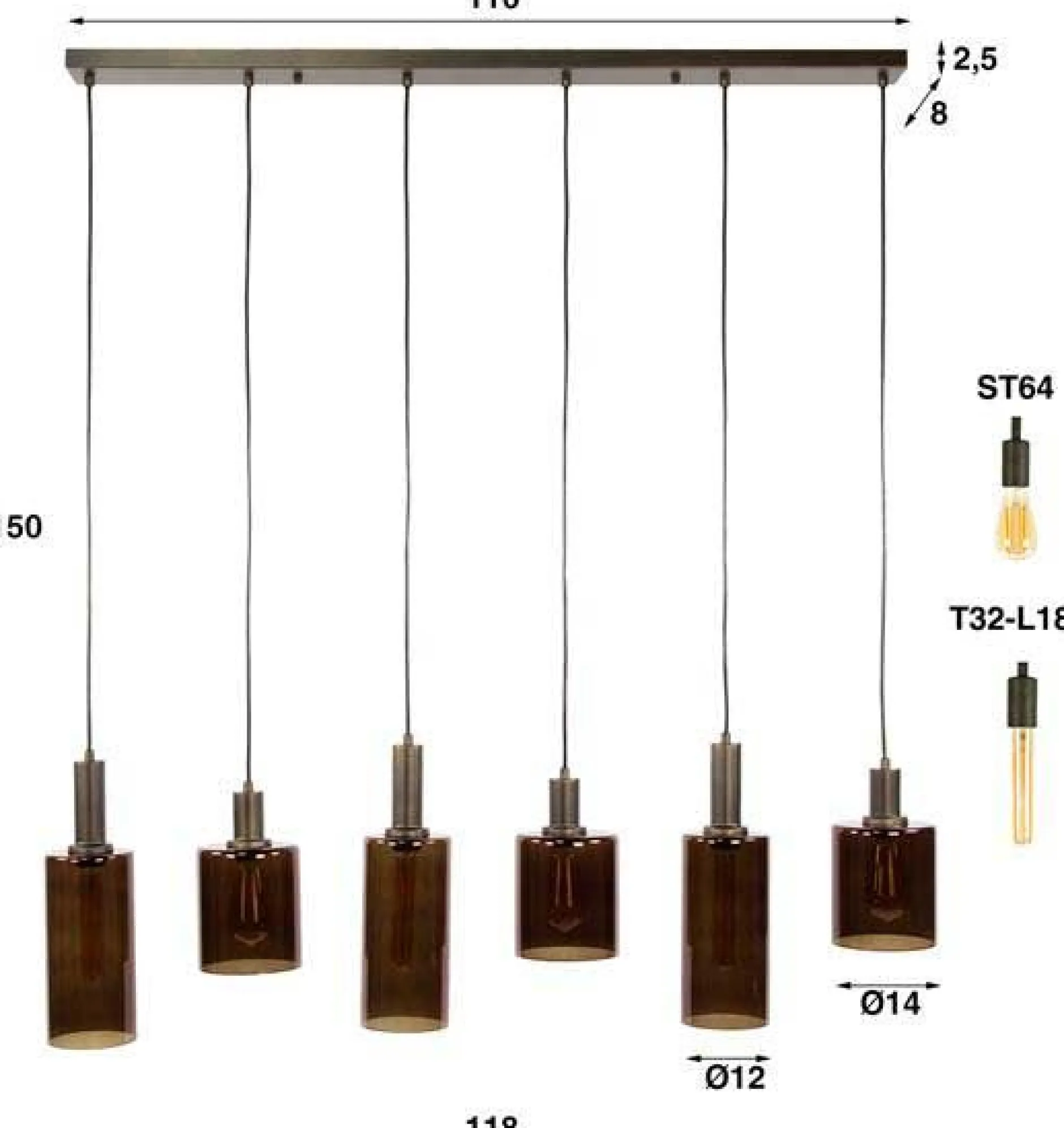 Hängeleuchte Sepiora - 118x14x150cm - 6 Lampen - braunes Glas