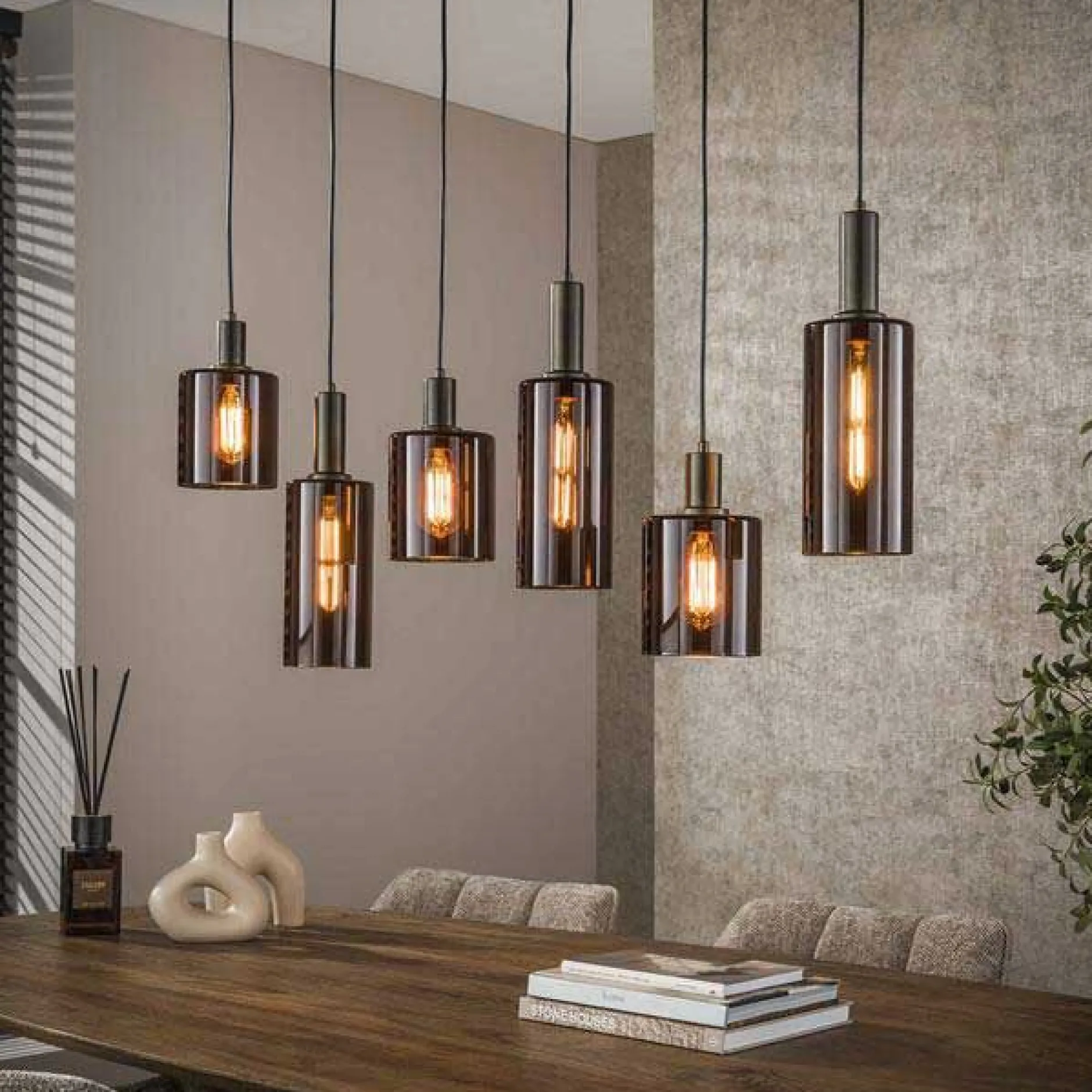 Hängeleuchte Sepiora - 118x14x150cm - 6 Lampen - braunes Glas