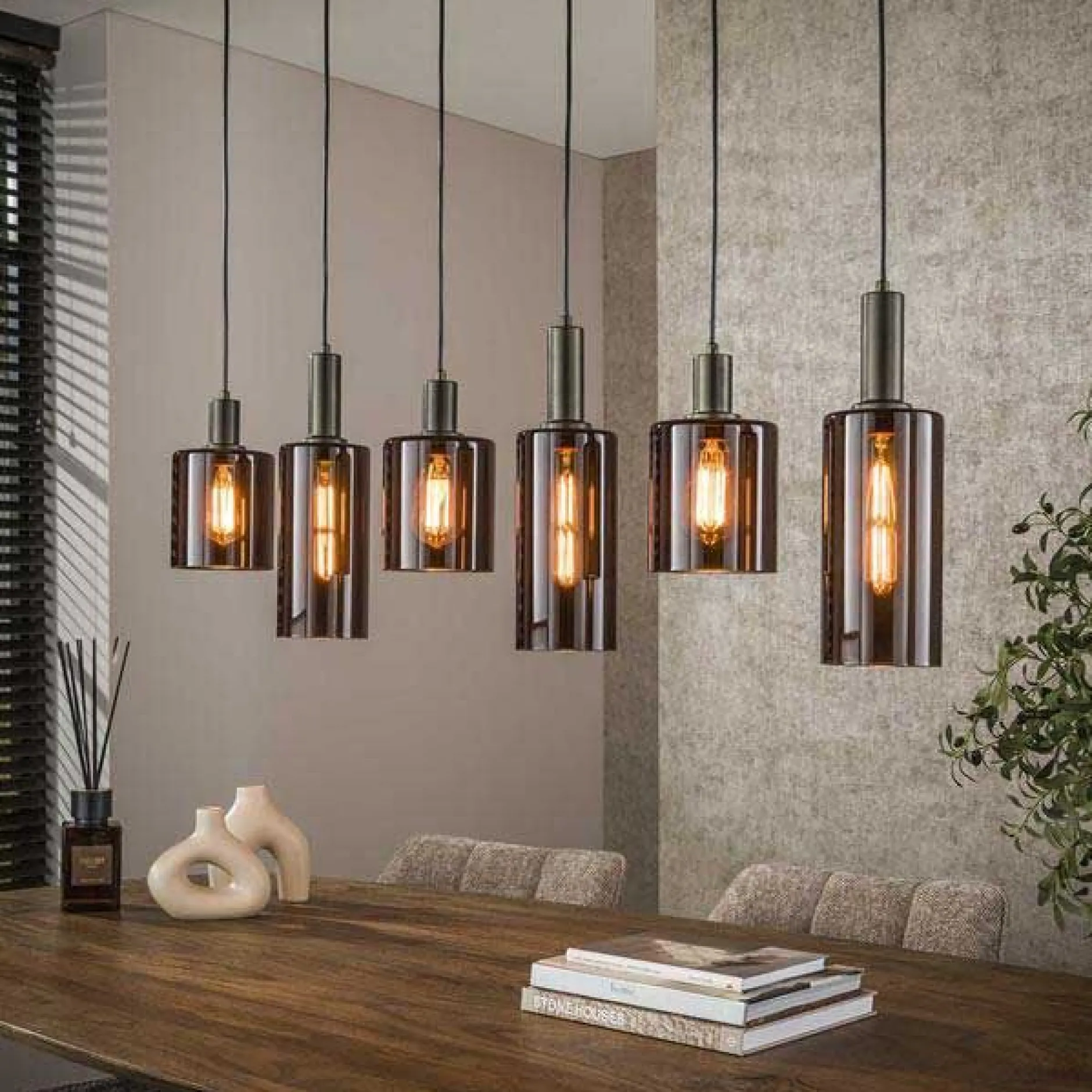 Hängeleuchte Sepiora - 118x14x150cm - 6 Lampen - braunes Glas