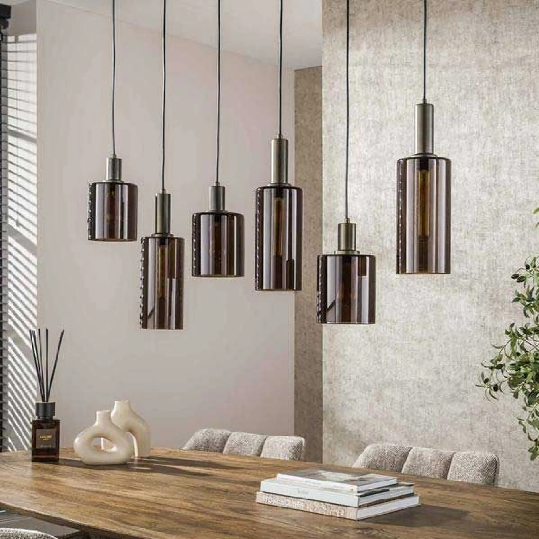 Hängeleuchte Sepiora - 118x14x150cm - 6 Lampen - braunes Glas