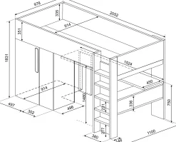 Hochbett Beau 90x200 mit Schreibtisch und Kleiderschrank - schattengrau