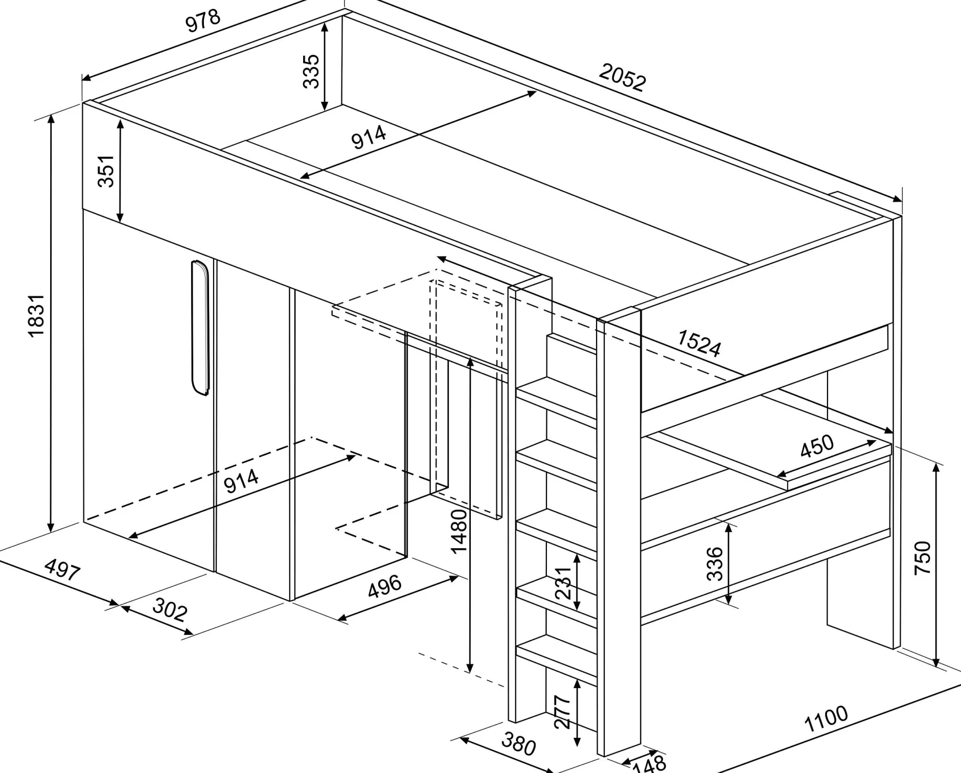 Hochbett Beau 90x200 mit Schreibtisch und Kleiderschrank - altrosa