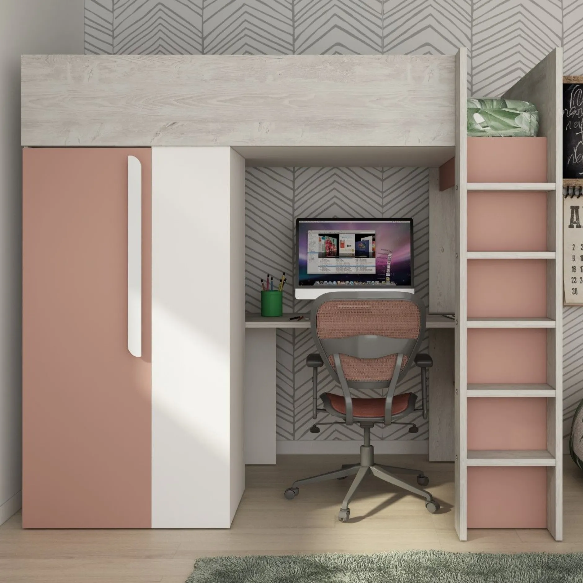 Hochbett Beau 90x200 mit Schreibtisch und Kleiderschrank - altrosa