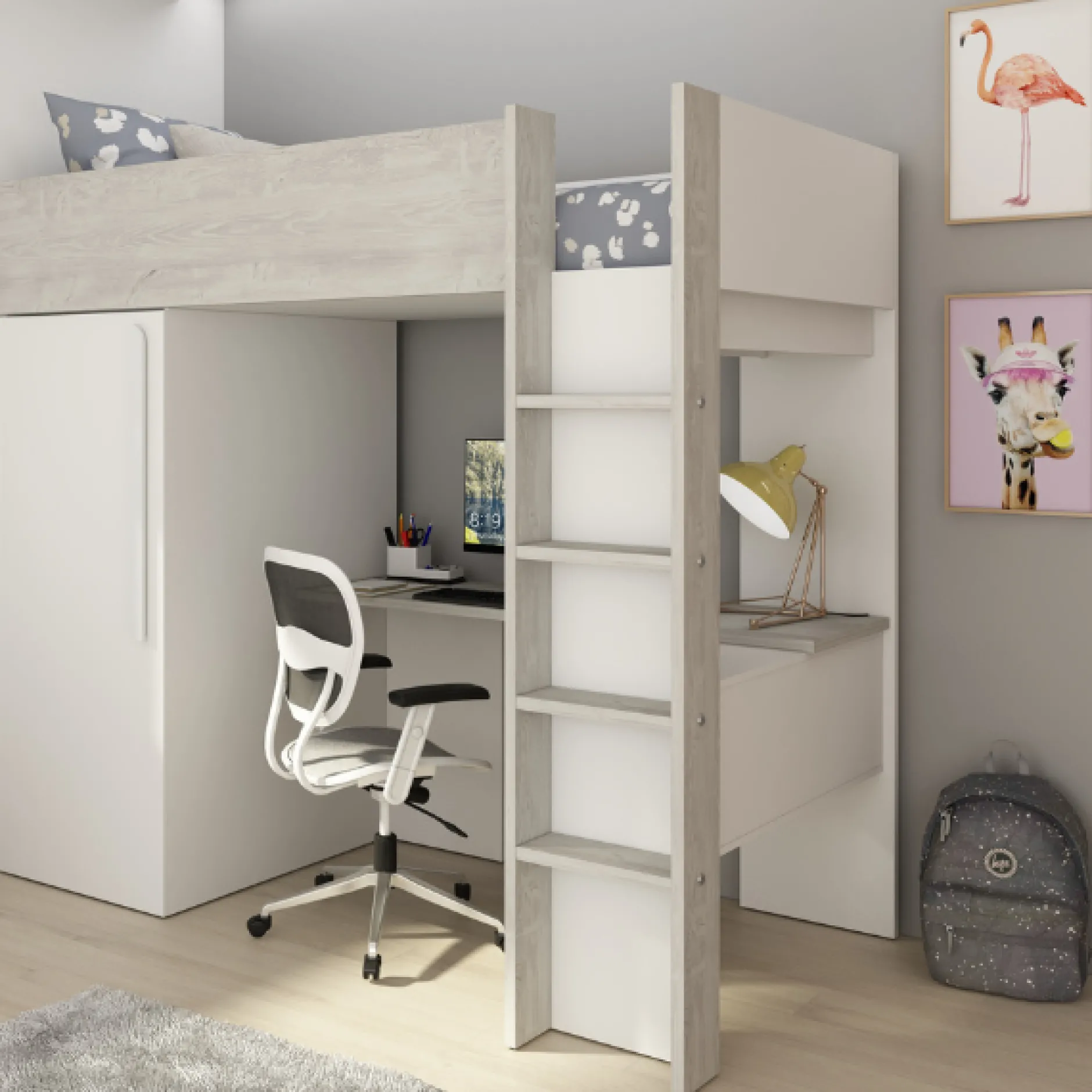 Hochbett Bo9 90x200 cm mit Schreibtisch & Kleiderschrank - weiß