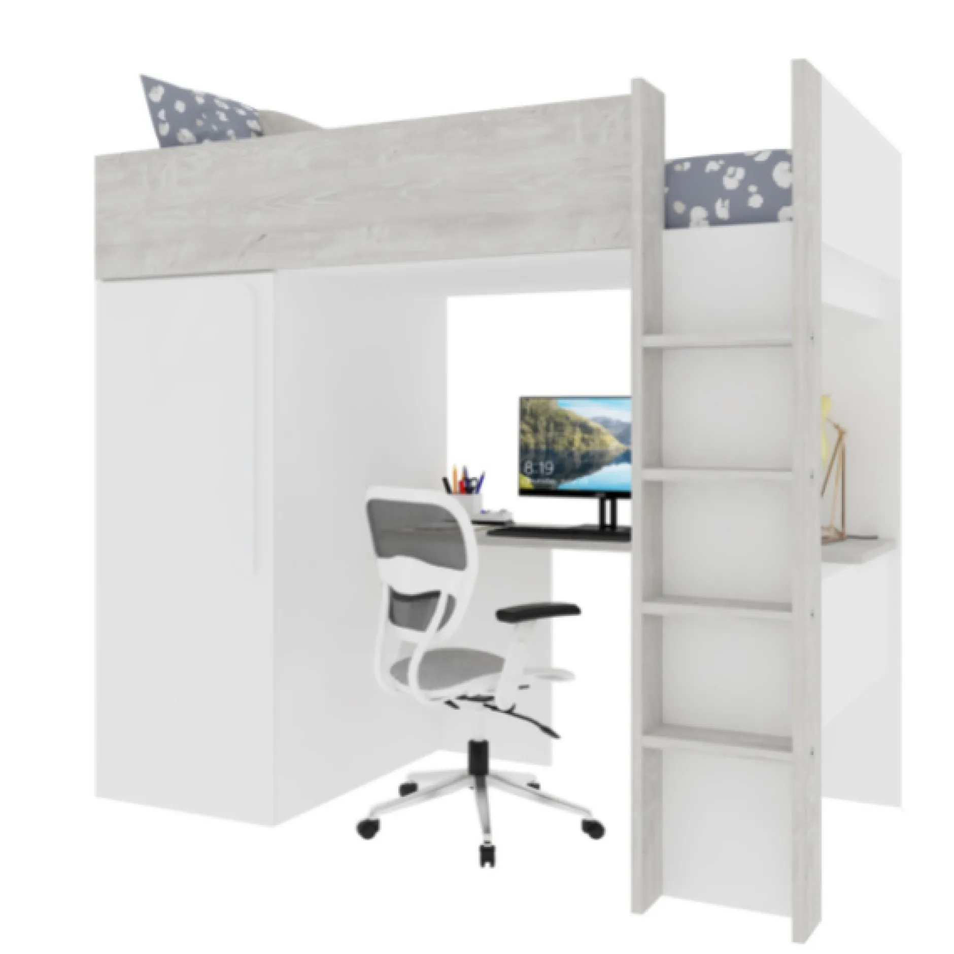 Hochbett Bo9 90x200 cm mit Schreibtisch & Kleiderschrank - weiß
