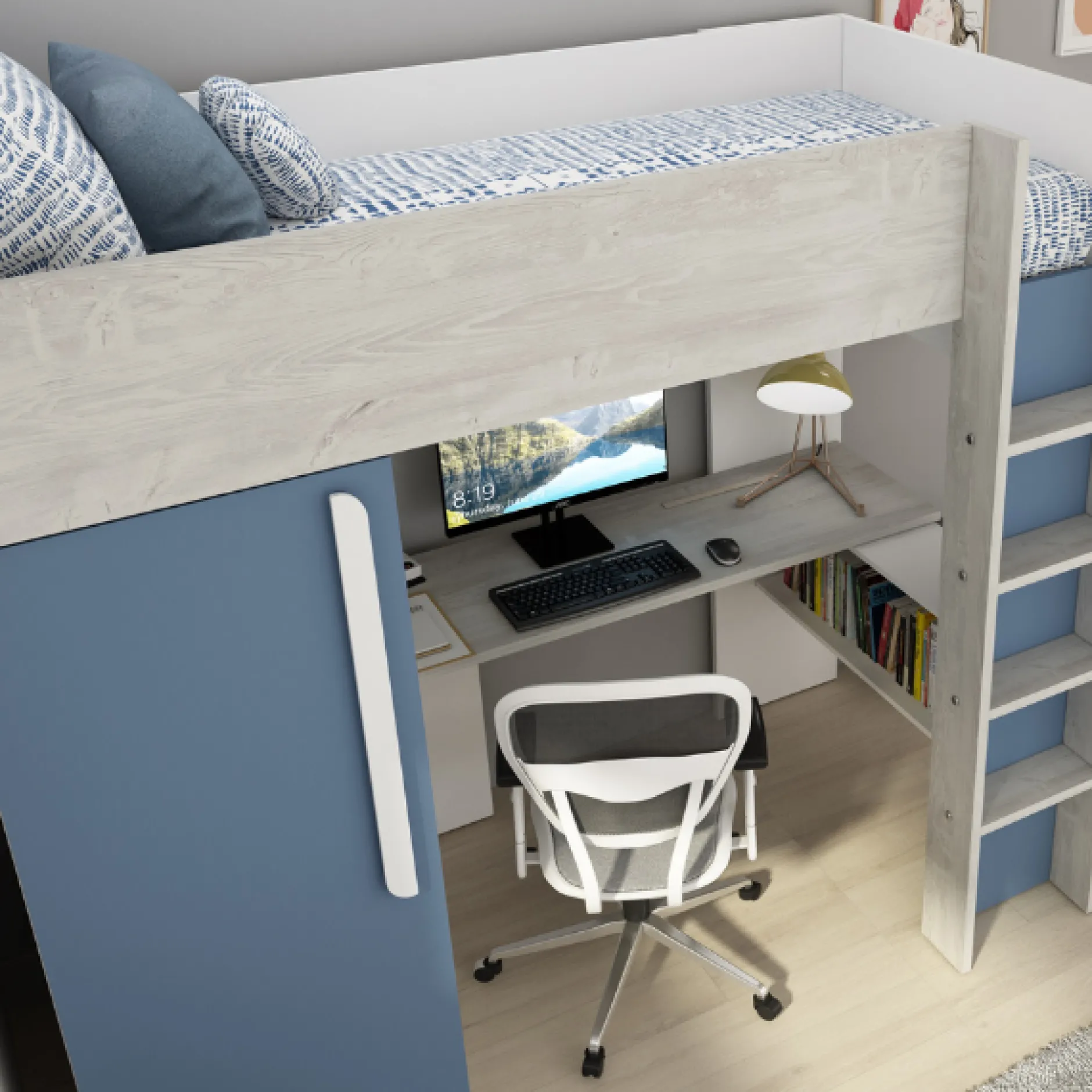 Hochbett Bo9 90x200 cm mit Schreibtisch & Kleiderschrank - blau