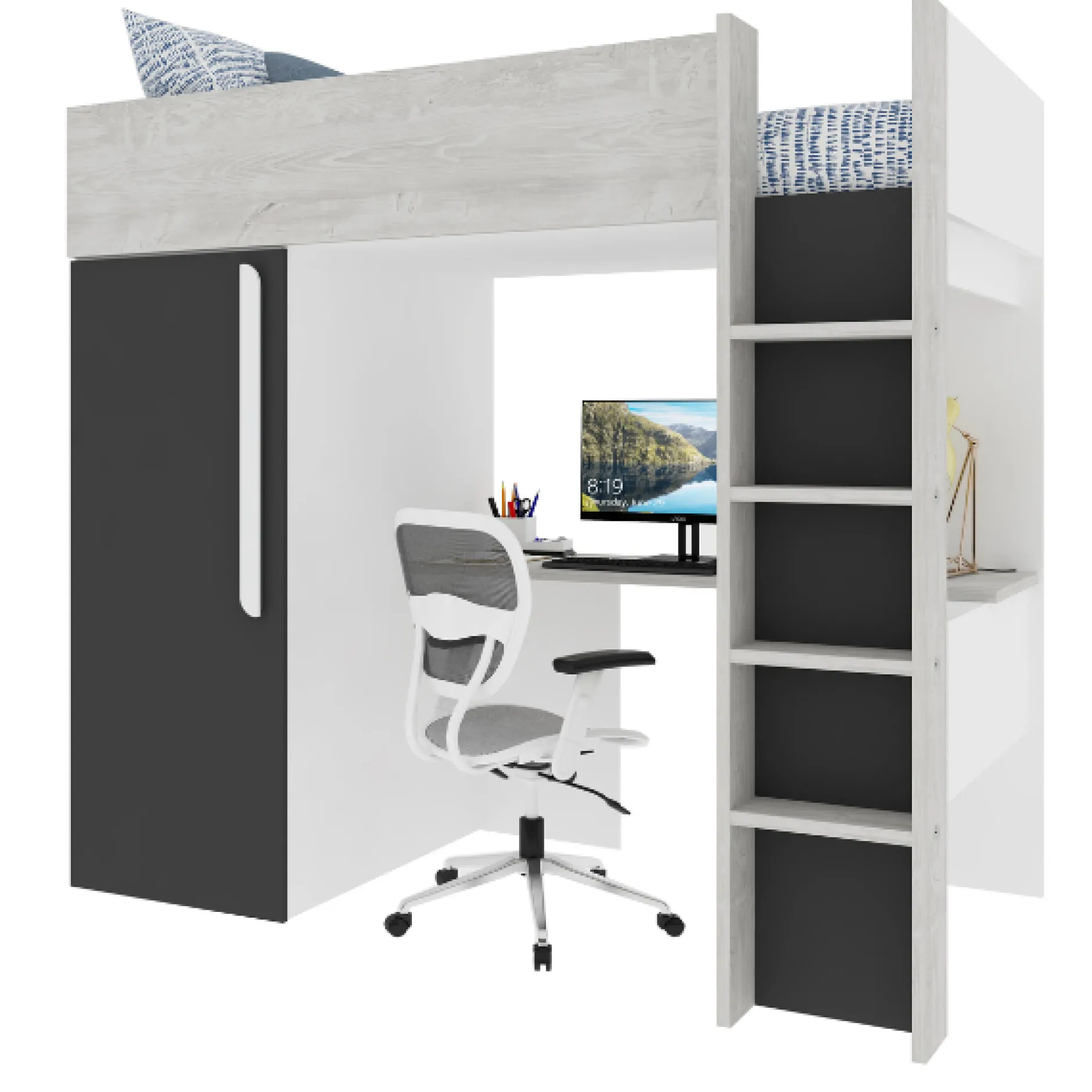 Hochbett Bo9 90x200 cm mit Schreibtisch & Kleiderschrank - anthrazit