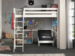 Hochbett Claire 140x200cm mit Bücherregal und Schlafsofa - weiß