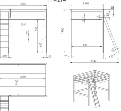 Hochbett Claire 140x200 mit Kommode Charlotte und Sitzbett Lena - weiß