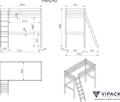 Hochbett Claire 90x200 mit Schlafsofa und Kommode - weiß