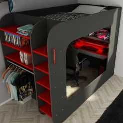 Hochbett Graham mit Spieltisch 120x200cm - anthrazit/rot