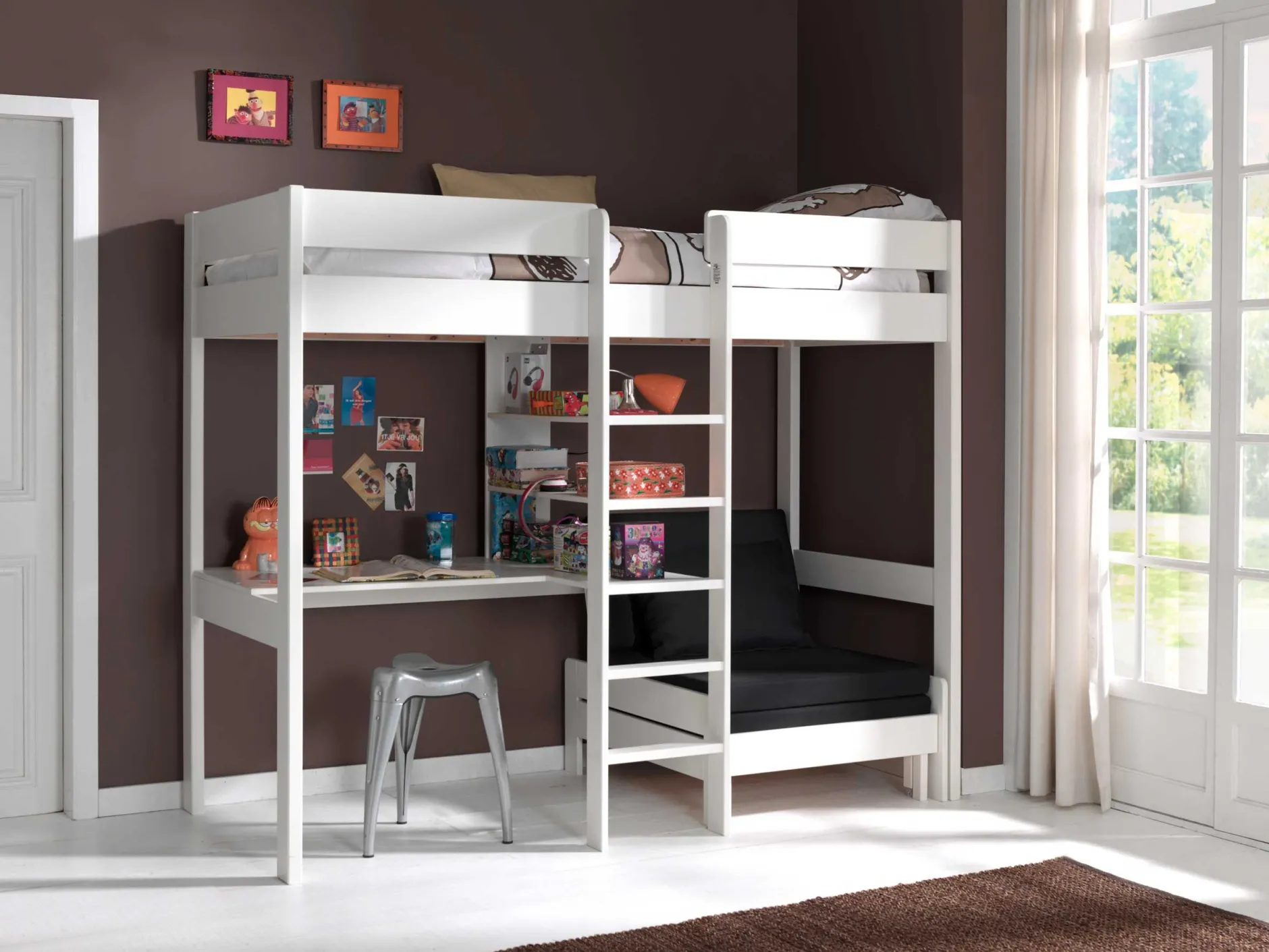 Hochbett Lena mit Schreibtisch und Sofabett - weiß