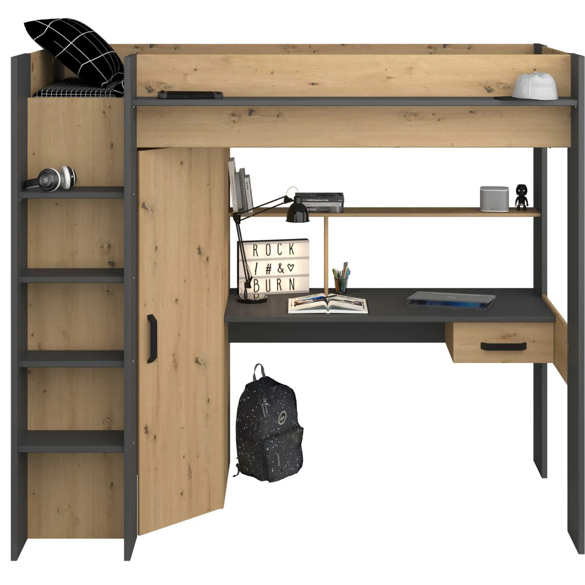 Hochbett mit Schreibtisch Herv 90x200 - Eiche artisan/grau