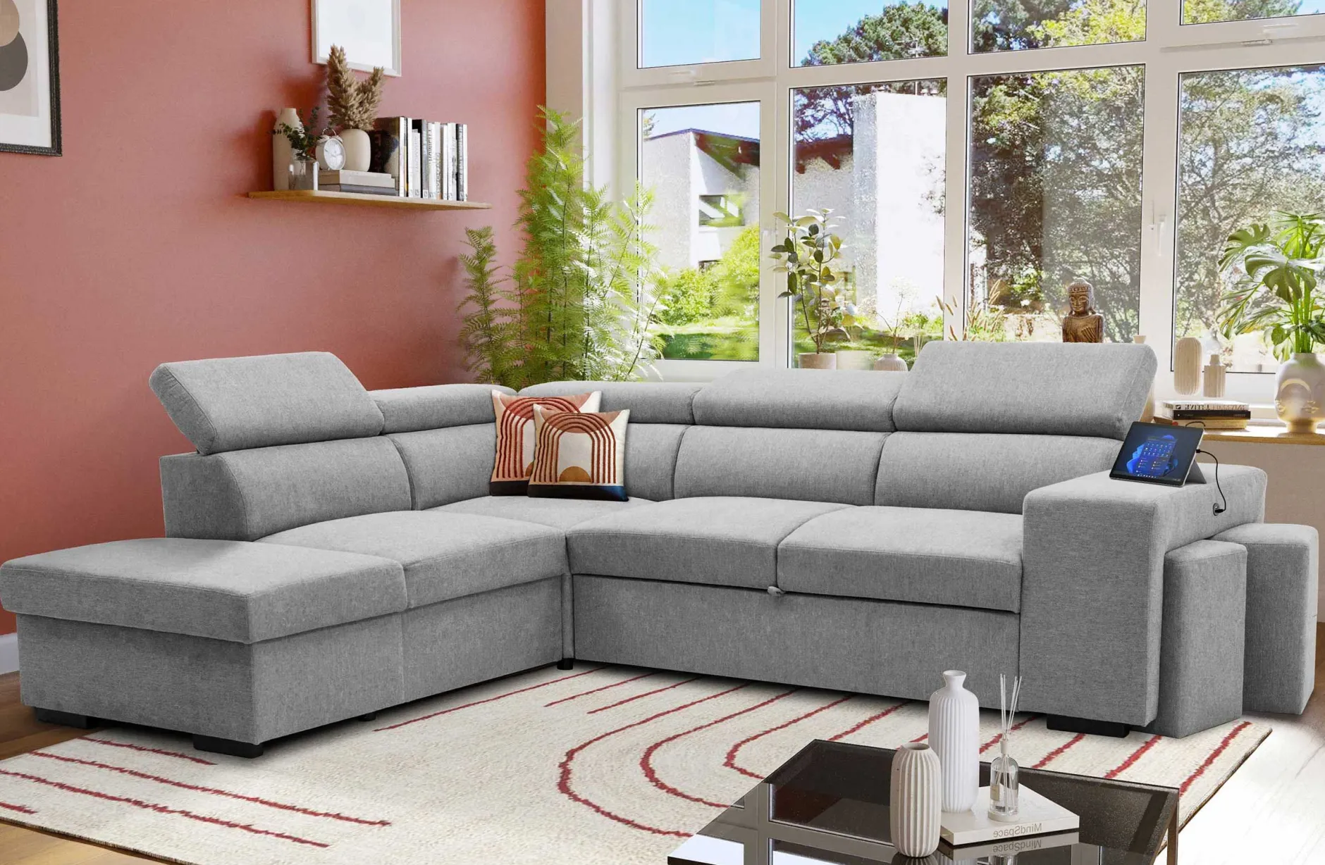 Holmes Ecksofa links - Armlehnen verstellbar - grau