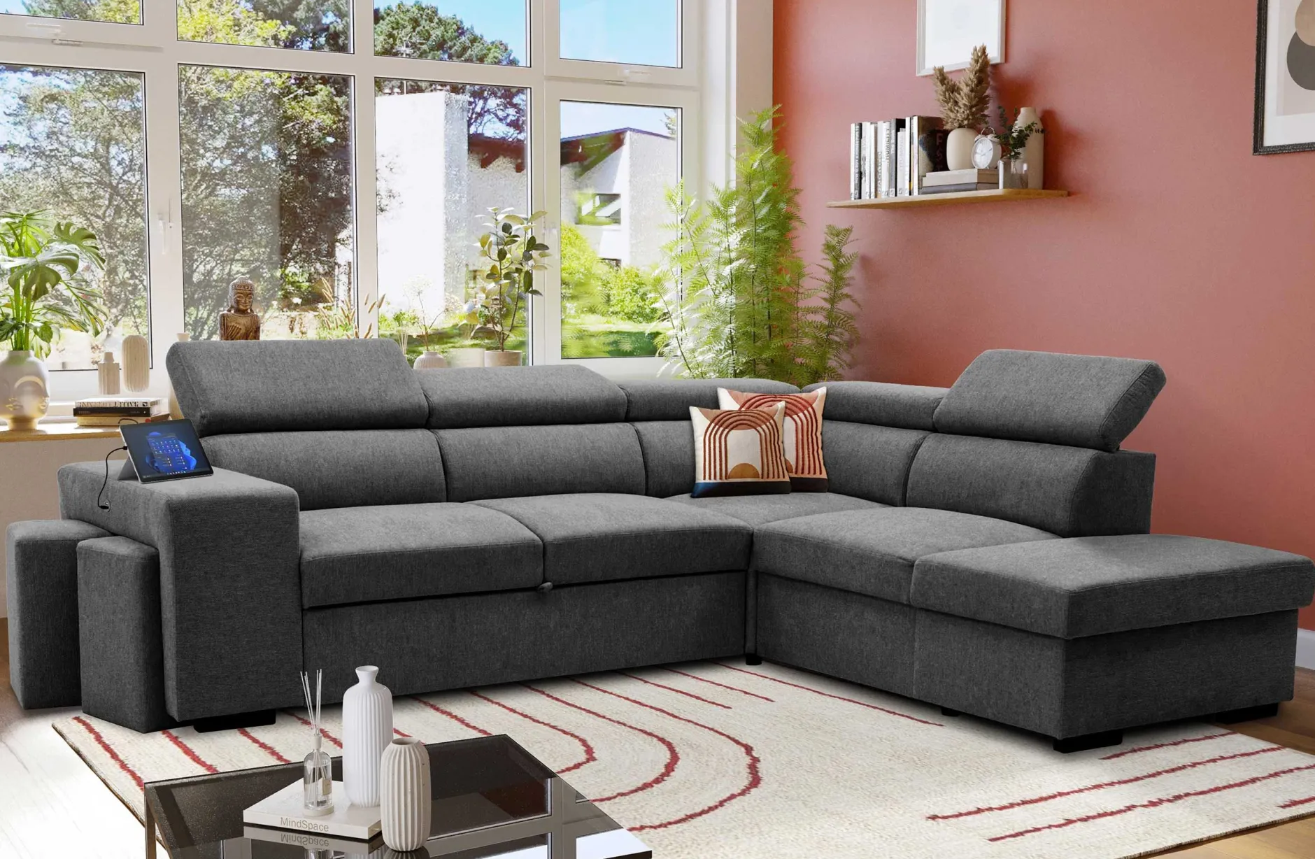Holmes Ecksofa rechts - Armlehnen verstellbar - anthrazit
