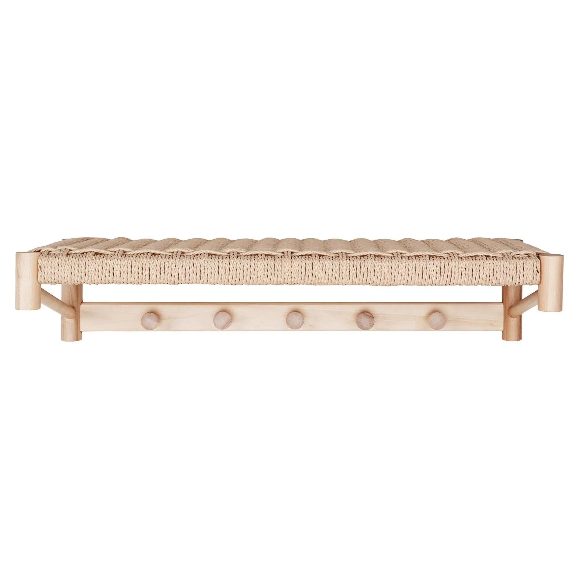Hutablage aus naturbelassenem Pappelholz mit Naturgeflecht-Design.