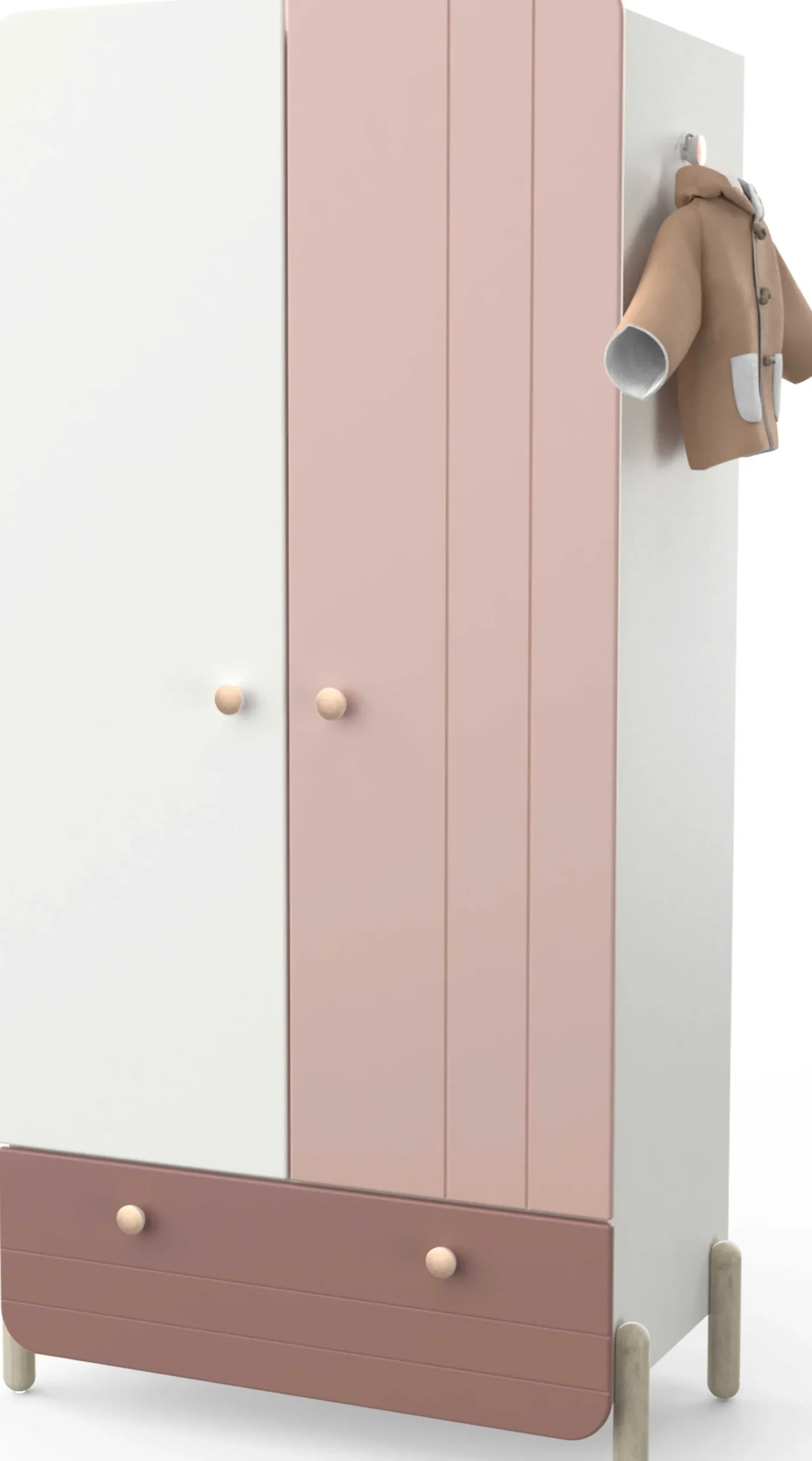 Janne Kleiderschrank 2 Flügeltüren, 1 Kleiderstange, 1 Einlegeboden und 1 Schublade-mattrosa/mattweiß