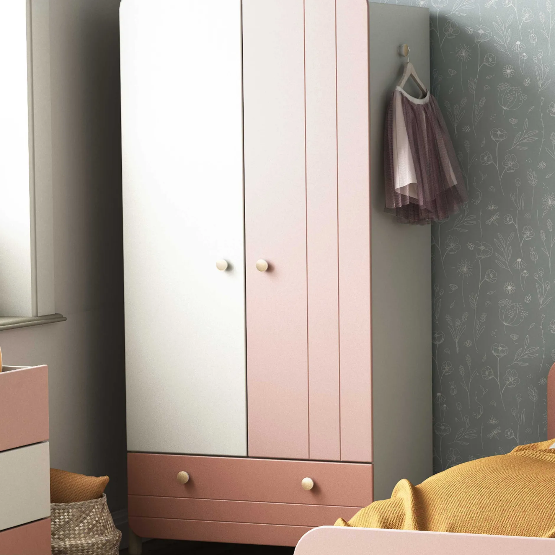 Janne Kleiderschrank 2 Flügeltüren, 1 Kleiderstange, 1 Einlegeboden und 1 Schublade-mattrosa/mattweiß