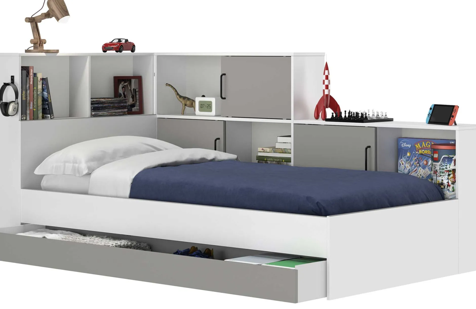 Jugendbett mit Stauraum Erwan | 90 x 200 cm | Design Grey Moon