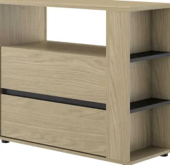 Jugendzimmer Nael: Bett 90x200 mit Lattenrost, Kommode, Nachttisch, Wandregal - Eiche Dekor/schwarz