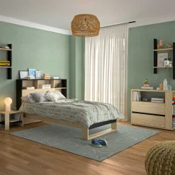 Jugendzimmer Nael: Bett 90x200 mit Lattenrost, Kommode, Nachttisch, Wandregal - Eiche Dekor/schwarz