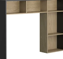 Jugendzimmer Nael: Bett 90x200 mit Lattenrost, Kommode, Nachttisch, Wandregal - Eiche Dekor/schwarz