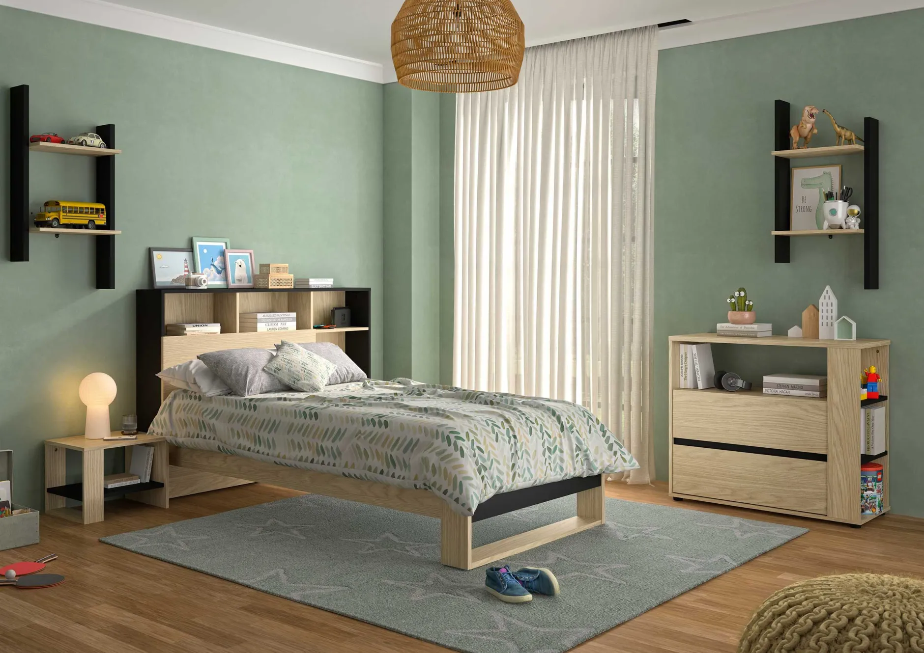 Jugendzimmer Nael: Bett 90x190 mit Rückwand, Kommode, Nachttisch, Wandregal - Eiche Dekor/schwarz