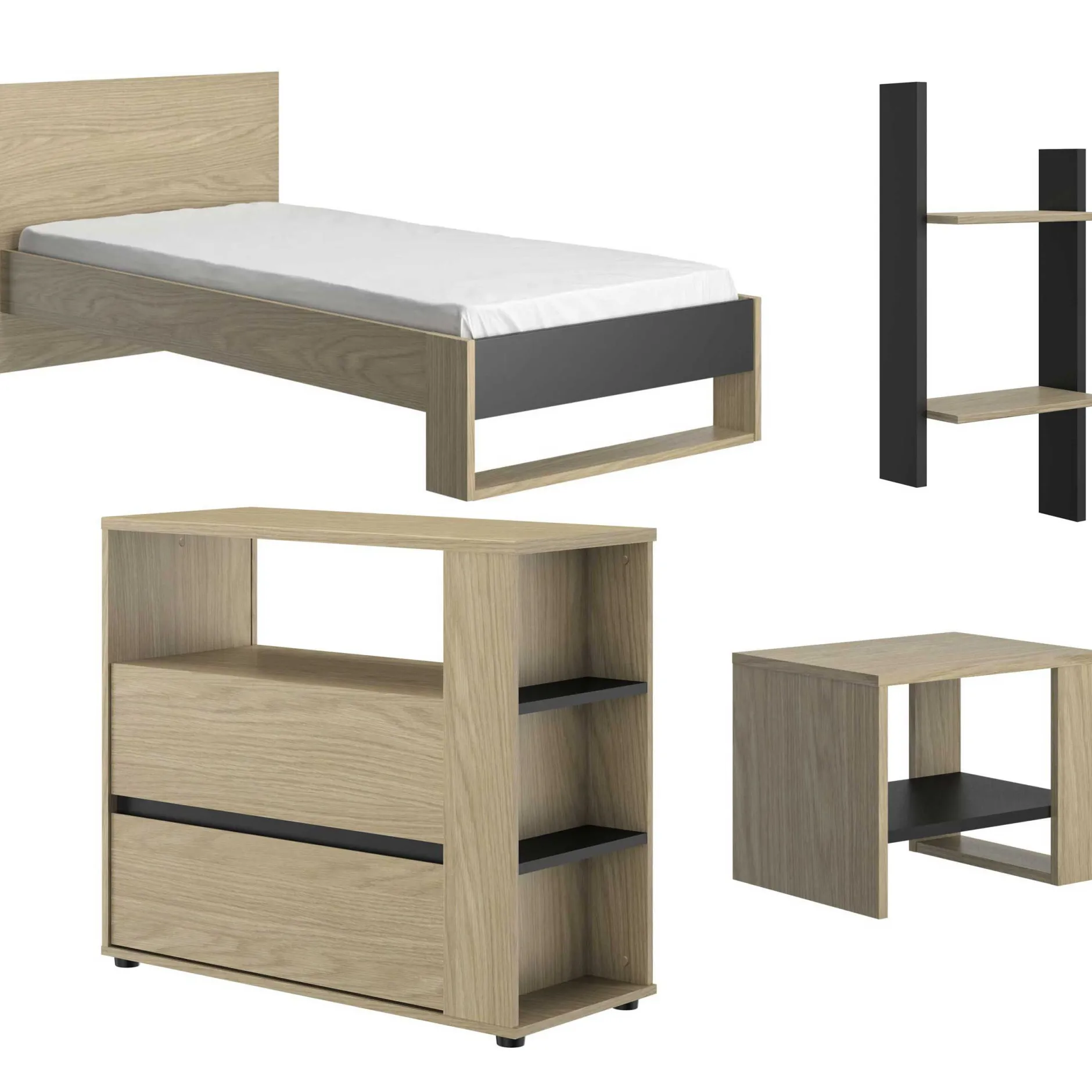 Jugendzimmer Nael: Bett 90x190 mit Rückwand, Kommode, Nachttisch, Wandregal - Eiche Dekor/schwarz