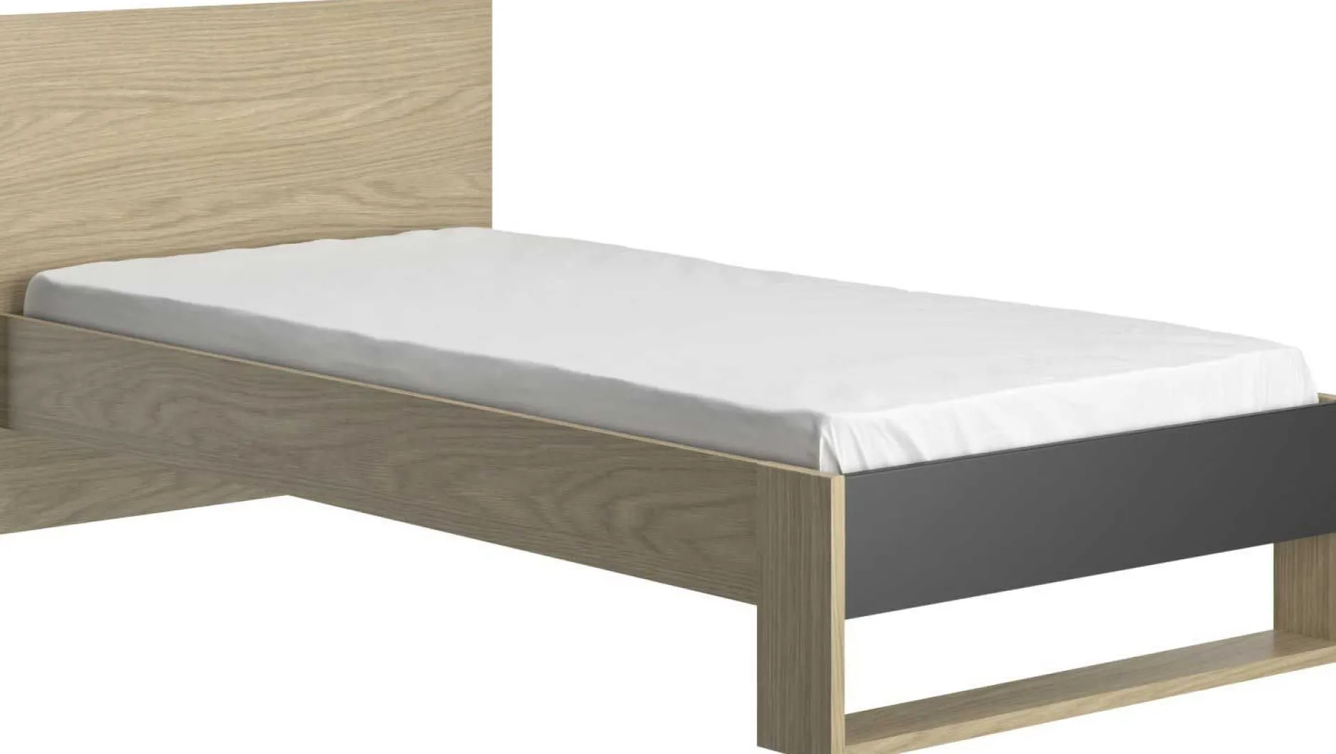 Jugendzimmer Nael: Bett 90x190 mit Rückwand, Kommode, Nachttisch, Wandregal - Eiche Dekor/schwarz