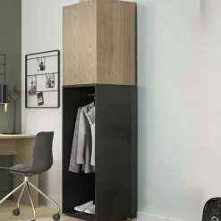 Jugendzimmer Nael: halbhohes Bett 90x200, Schränke - Eiche Dekor/schwarz