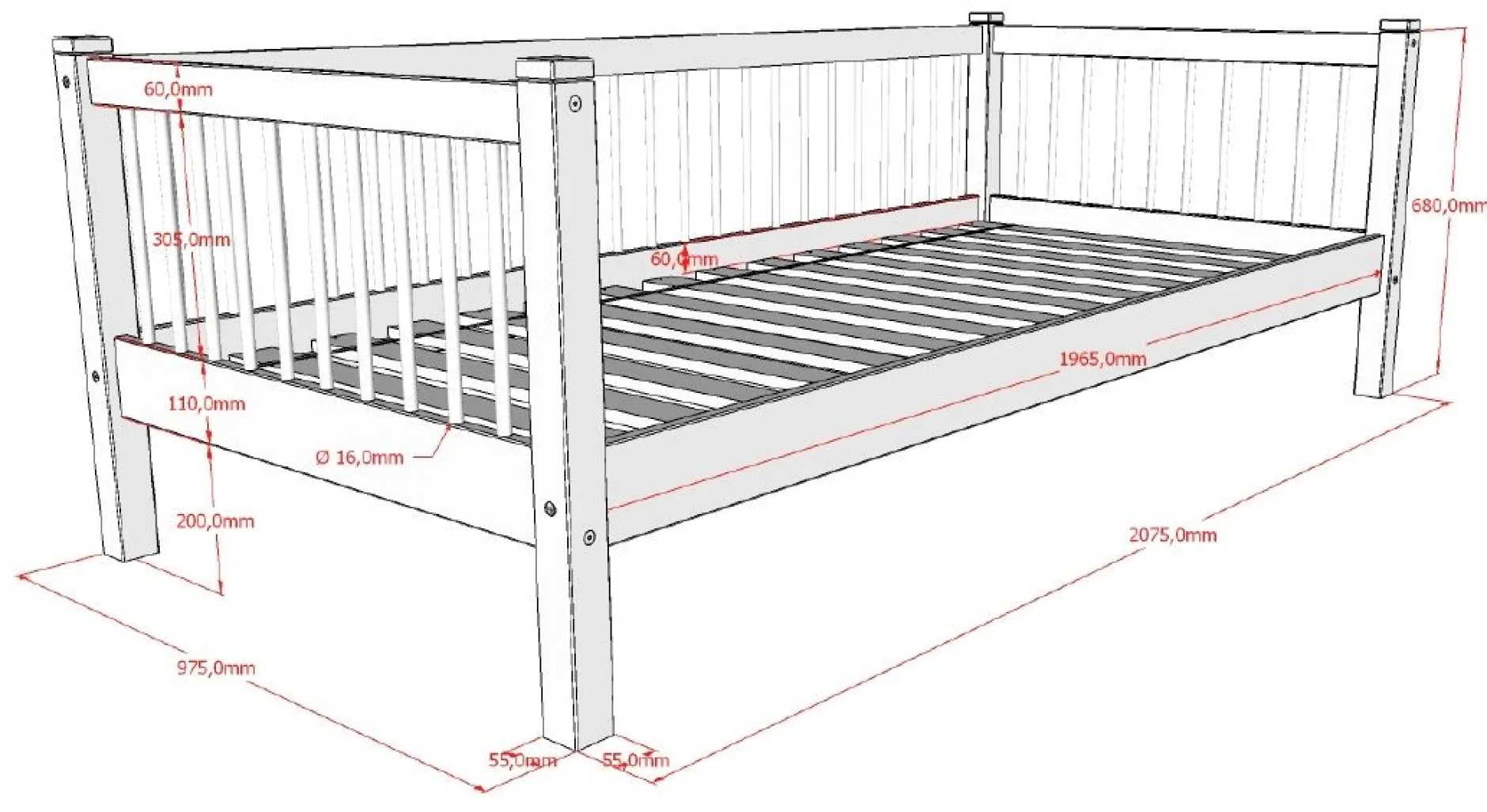 Kabinenbett Forrest 90x200 cm mit Bettgitter und Bettkasten - Buche