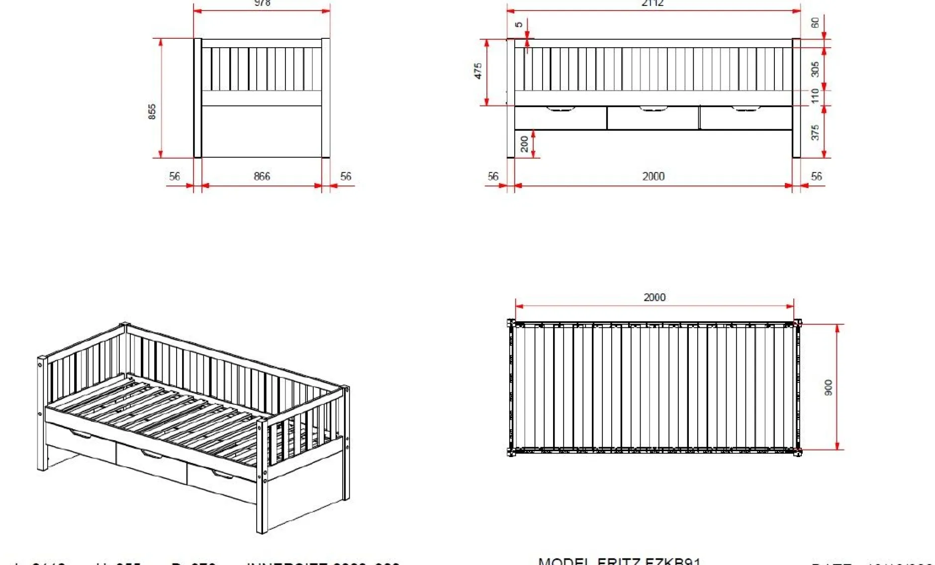 Kabinenbett Friedrich | 211,2 x 98,2 x 68 cm | 3 Schubkästen, Bettkasten | Milky Pine Design