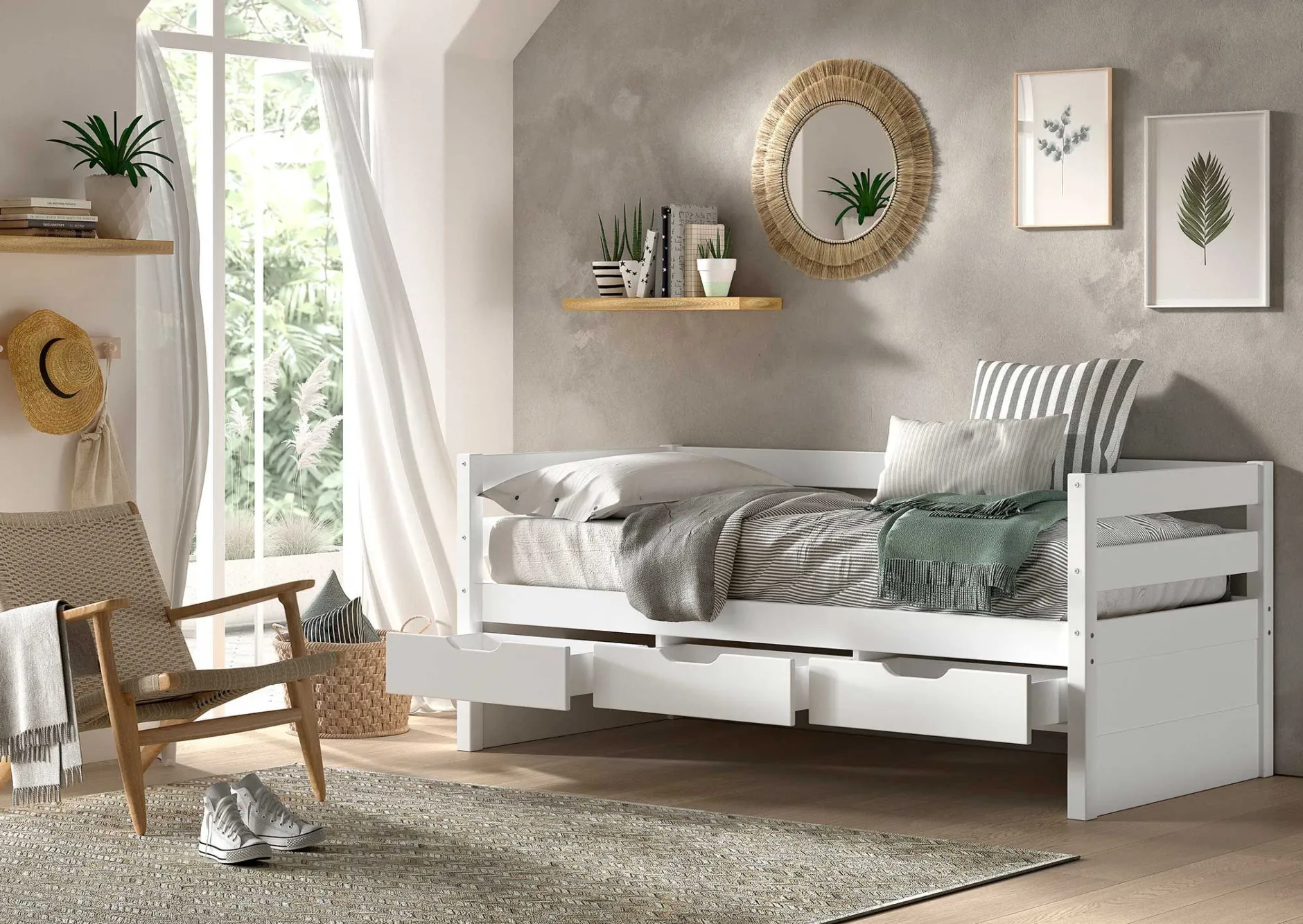 Kabinenbett Maggie - mit 3 Ablagefächern - 90 x 200 - Kiefer massiv - weiß