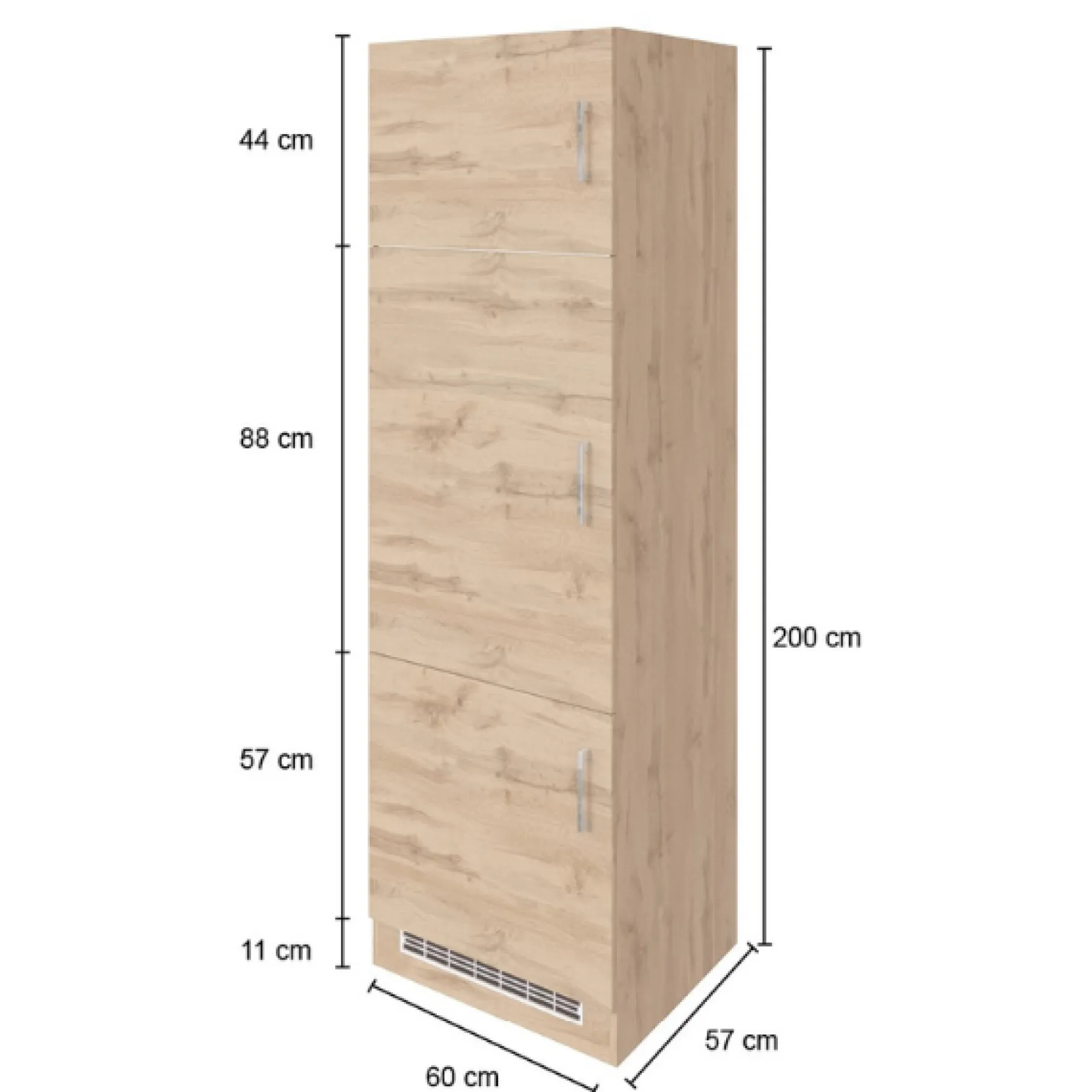 Küchenschrank für Kühlschrank Sorrella 60cm 3 Türen - weiß/Eiche