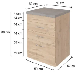 Küchenschrank für Kochplatte Sorrella 3 Schubladen - Anthrazit/Eiche.