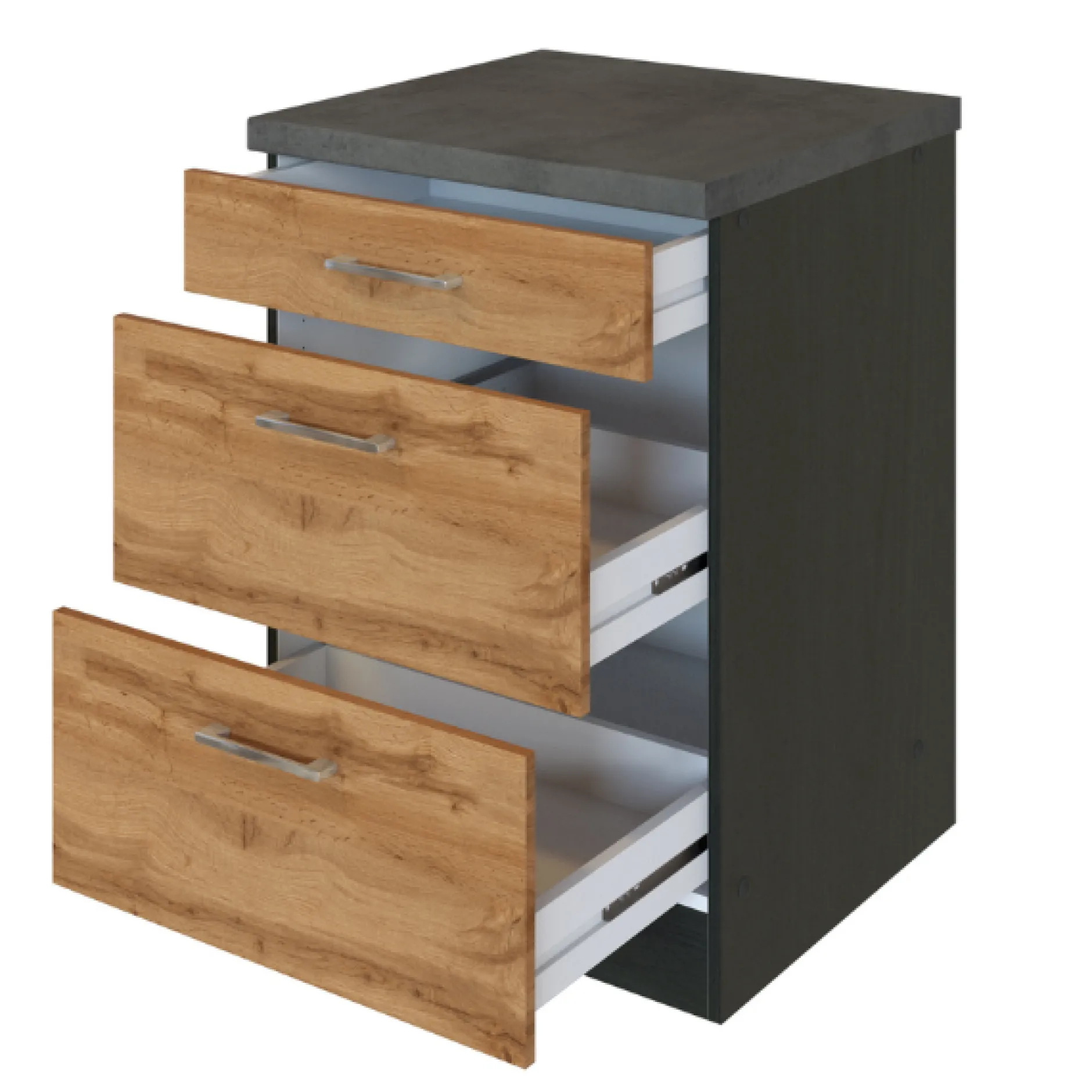 Küchenschrank Sorrella 50cm 3 Schubladen - Eiche/Graphit