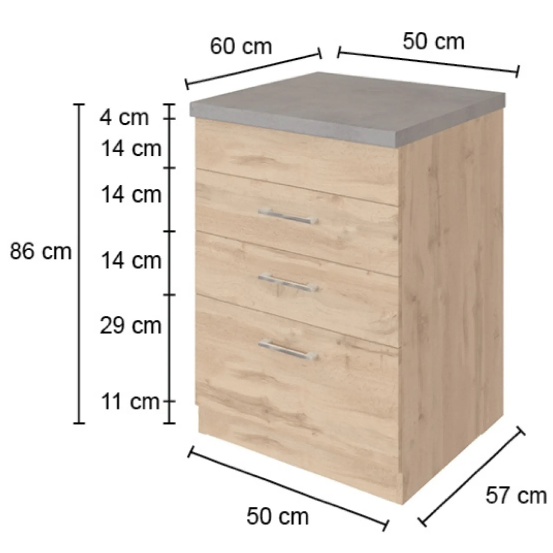 Küchenschrank Sorrella 50cm 3 Schubladen - Eiche/Beton
