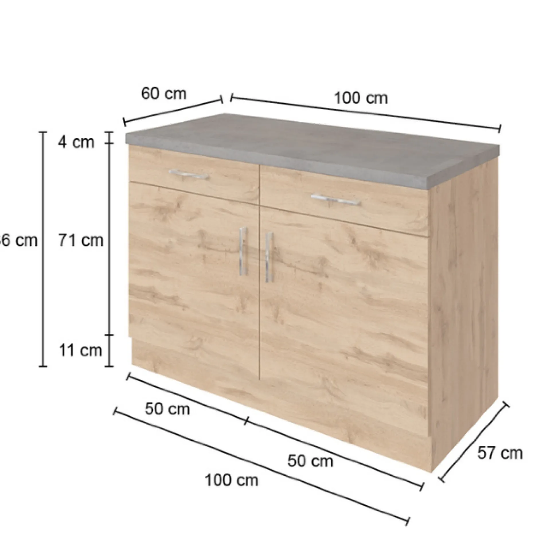 Küchenschrank Sorrella 100cm 2 Türen und 2 Schubladen - Eiche/Graphit