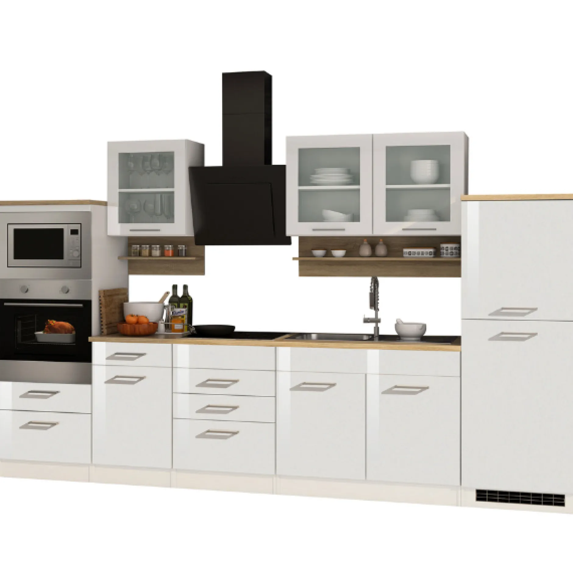 Küchenset Mailand | Induktionskochfeld, Mikrowelle, Backofen, Dunstabzugshaube, Kühlschrank, Spüle | High Glossy White