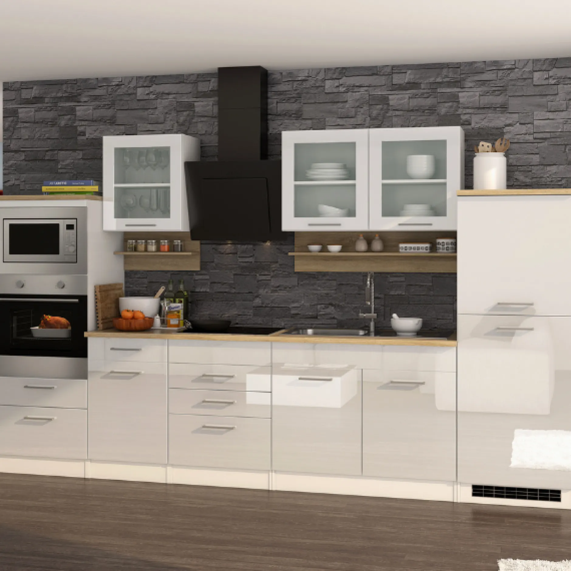 Küchenset Mailand | Induktionskochfeld, Mikrowelle, Backofen, Dunstabzugshaube, Kühlschrank, Spüle | High Glossy White